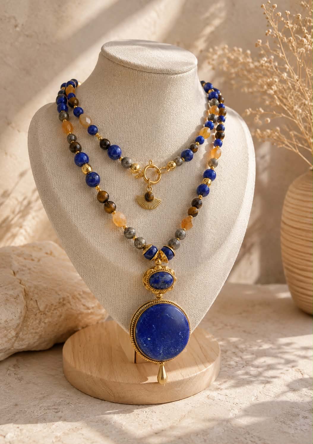 Collier Mâlâ 108 perles "Eveil & Destinée" en Pyrite, Citrine, Oeil de tigre & Lapis-Lazuli