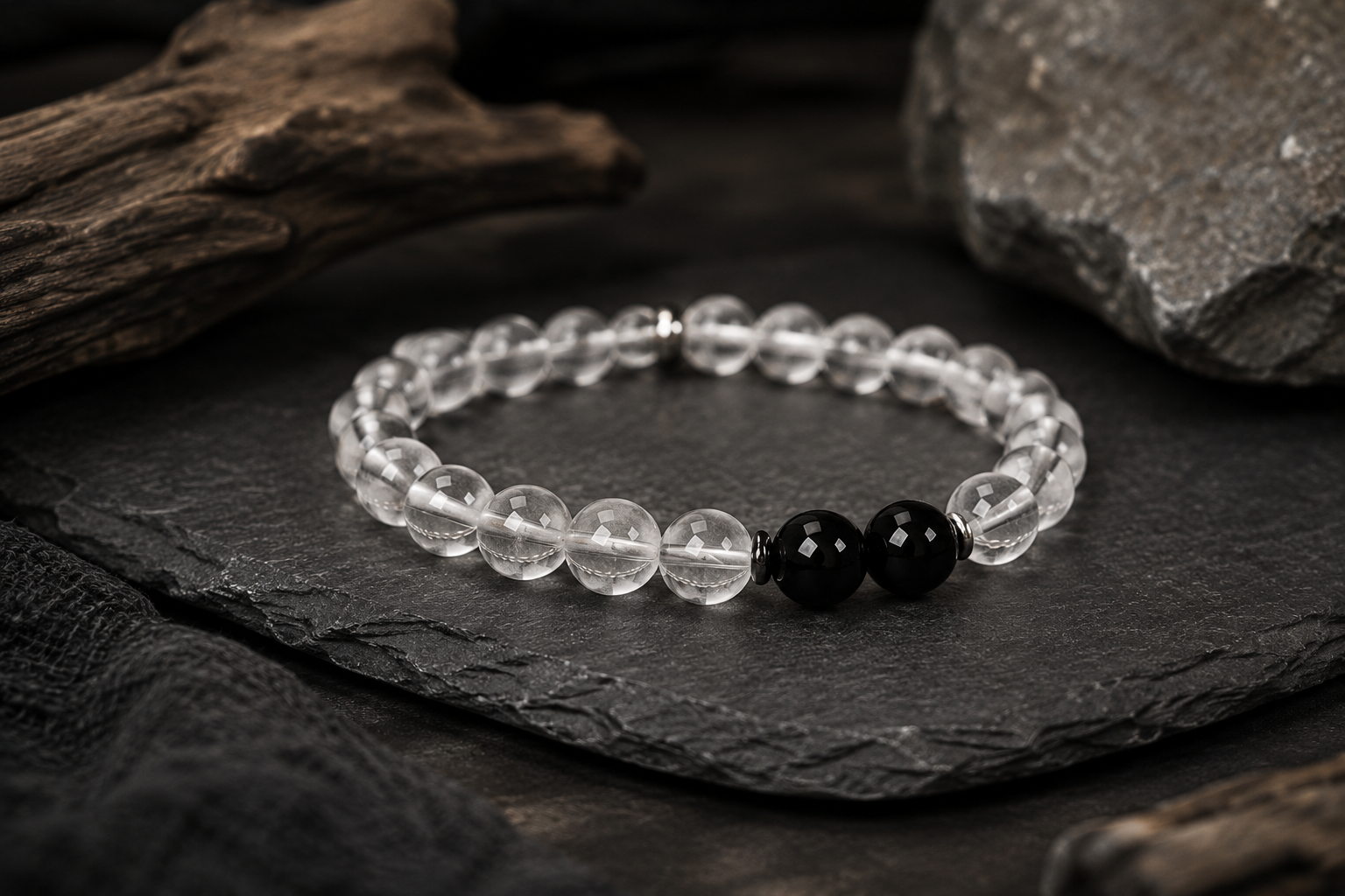 Bracelet Homme en Cristal de roche &amp; Obsidienne noire
