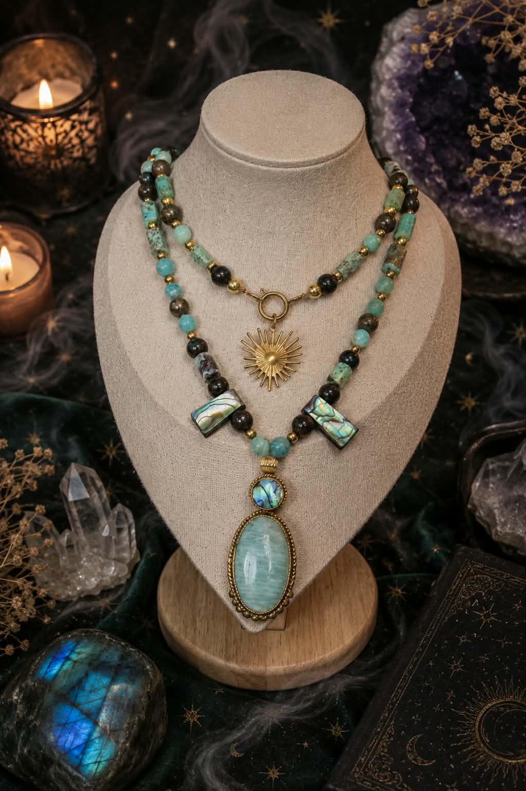 Collier Mâlâ 108perles "Manifestation divine" en Bronzite, Amazonite, Pyrite & Fynchenite