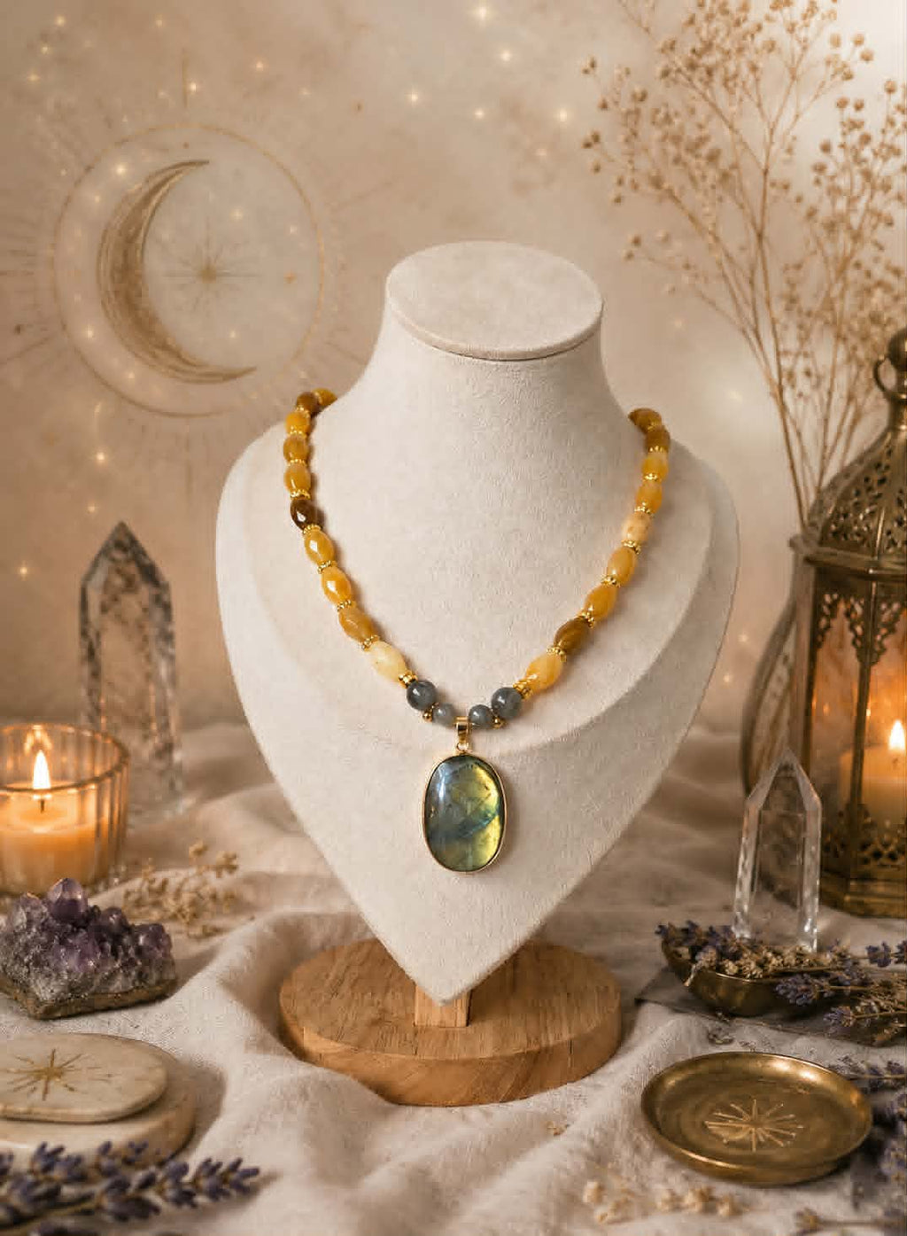 Collier Lumière de l'âme en Labradorite jaune & Jade