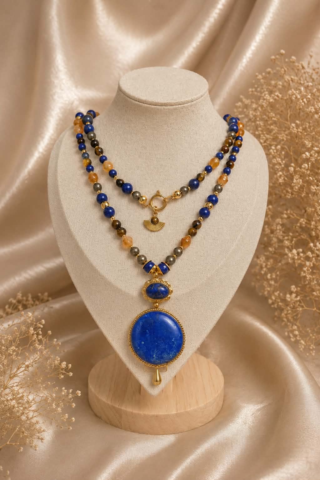 Collier Mâlâ 108 perles "Eveil & Destinée" en Pyrite, Citrine, Oeil de tigre & Lapis-Lazuli