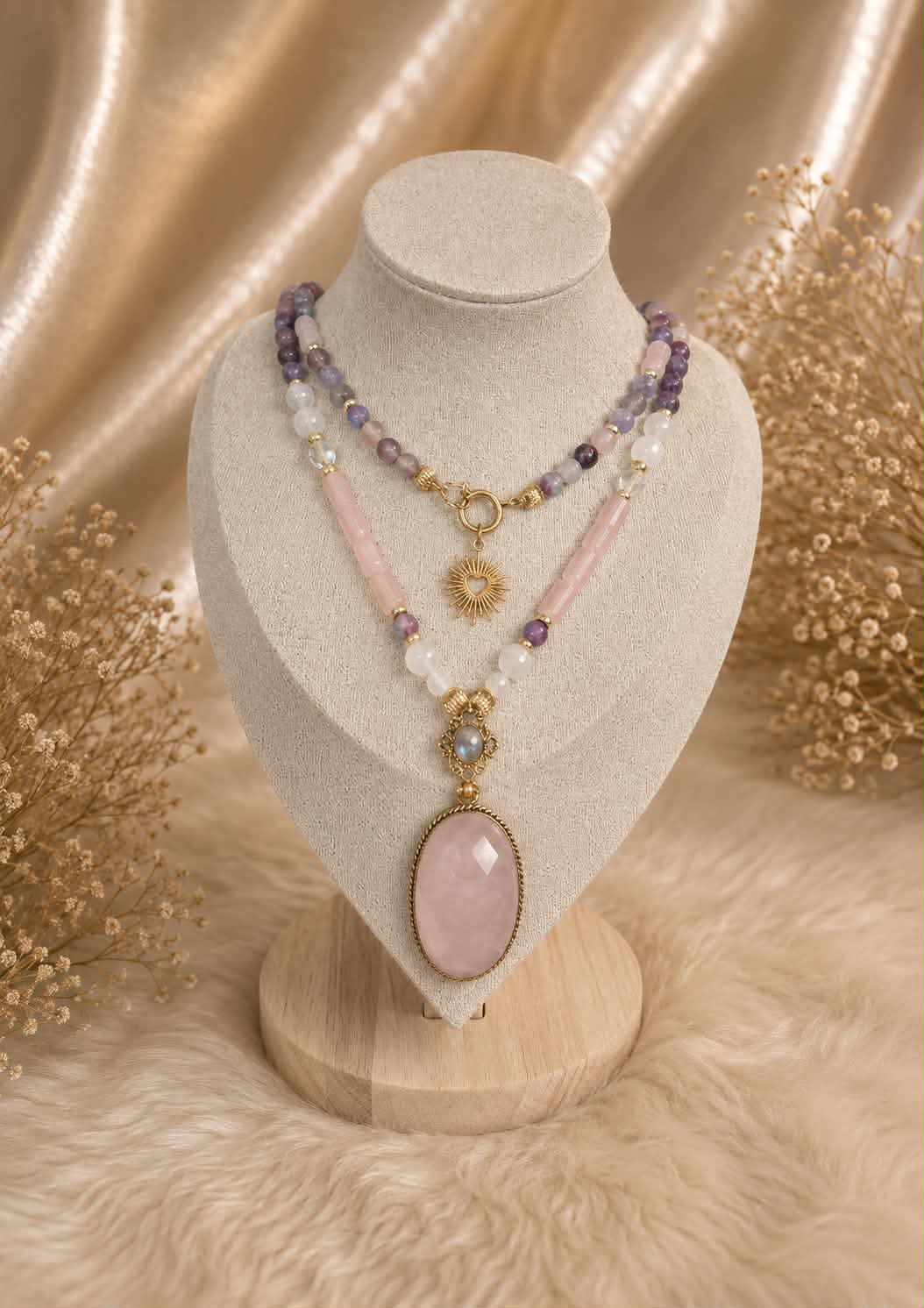 Collier Mâlâ 108 perles "Coeur de lumière" en Quartz rose, Tourmaline, Sélénite, Cristal de roche & Labradorite blanche