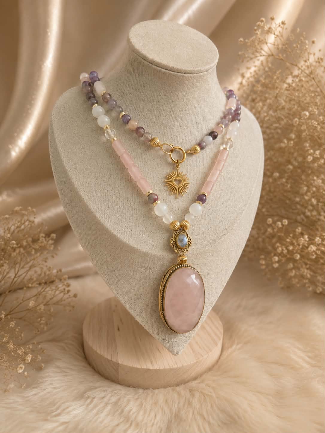 Collier Mâlâ 108 perles "Coeur de lumière" en Quartz rose, Tourmaline, Sélénite, Cristal de roche & Labradorite blanche