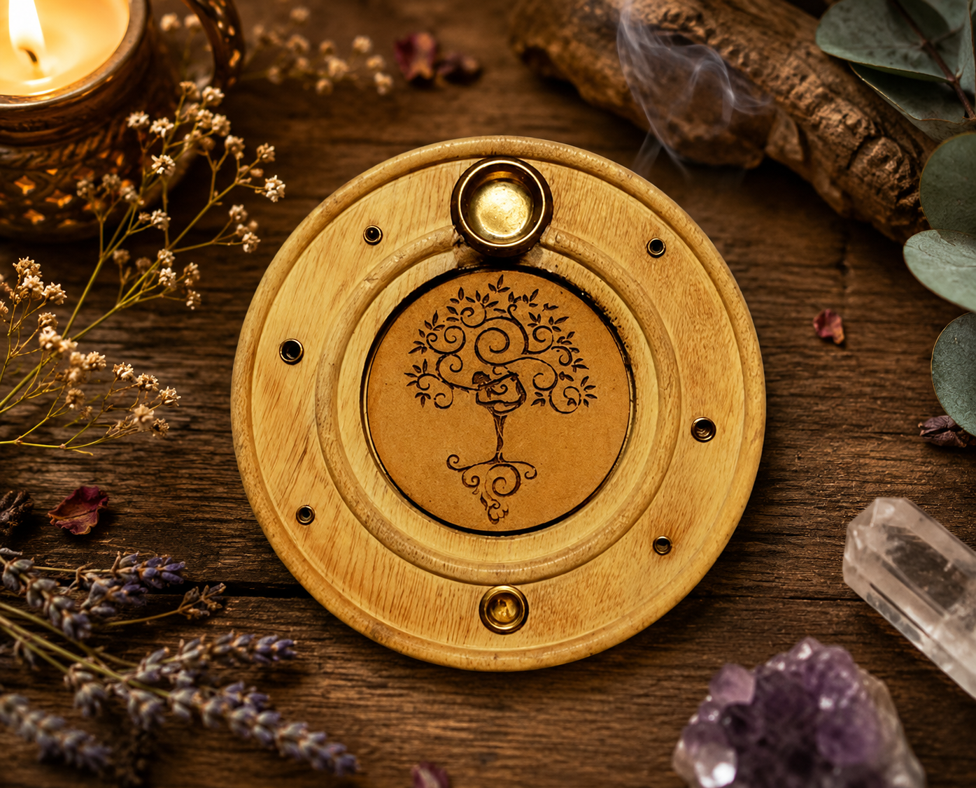 Porte encens en bois indien gravé Arbre de Vie Sacré Yogi
