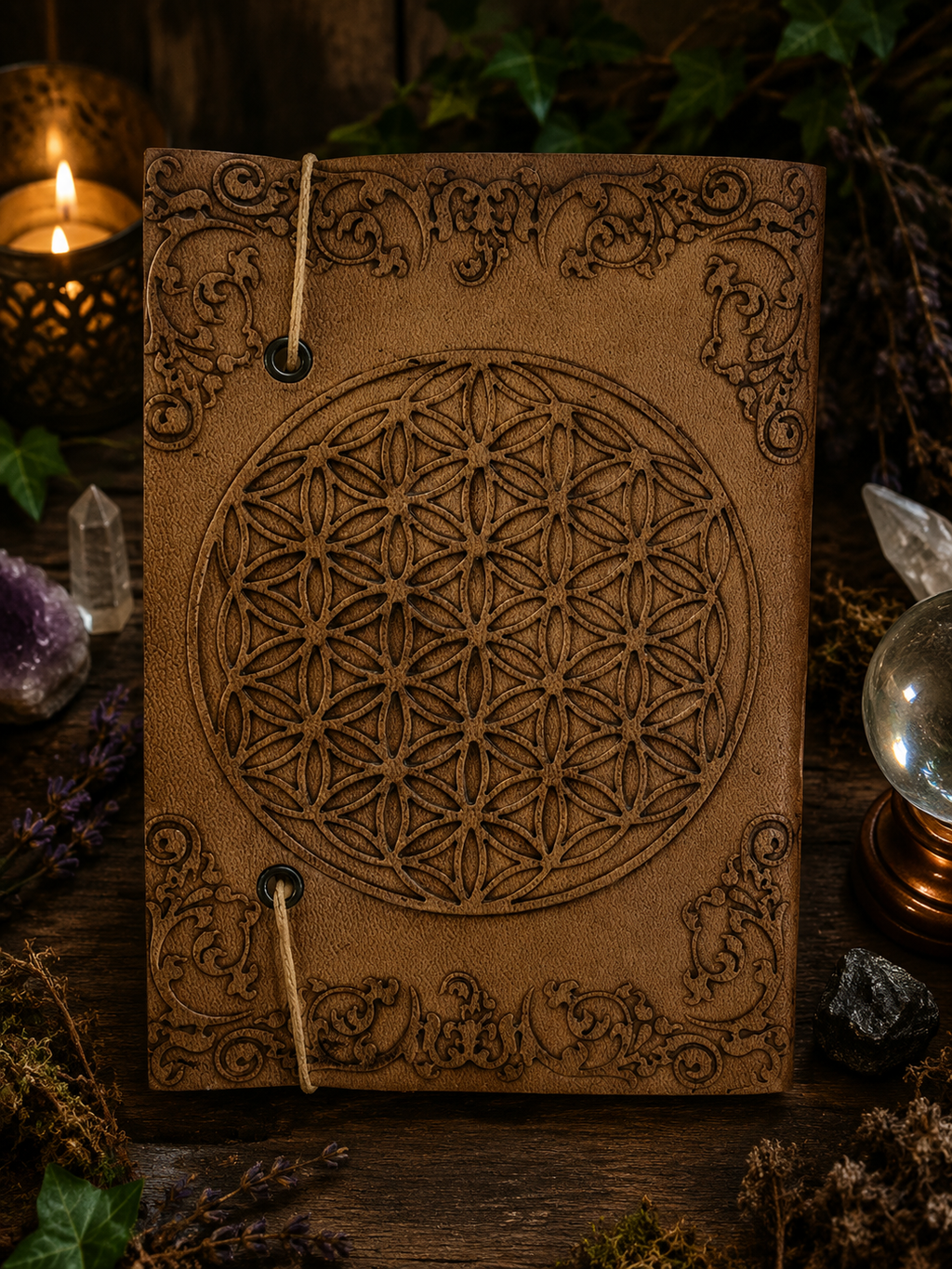 Grimoire en cuir végétal Fleur de Vie Sacrée