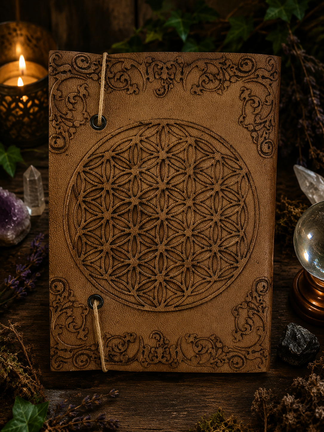 Grimoire en cuir végétal Fleur de Vie Sacrée