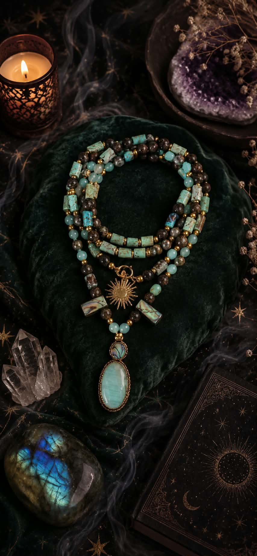 Collier Mâlâ 108perles "Manifestation divine" en Bronzite, Amazonite, Pyrite & Fynchenite