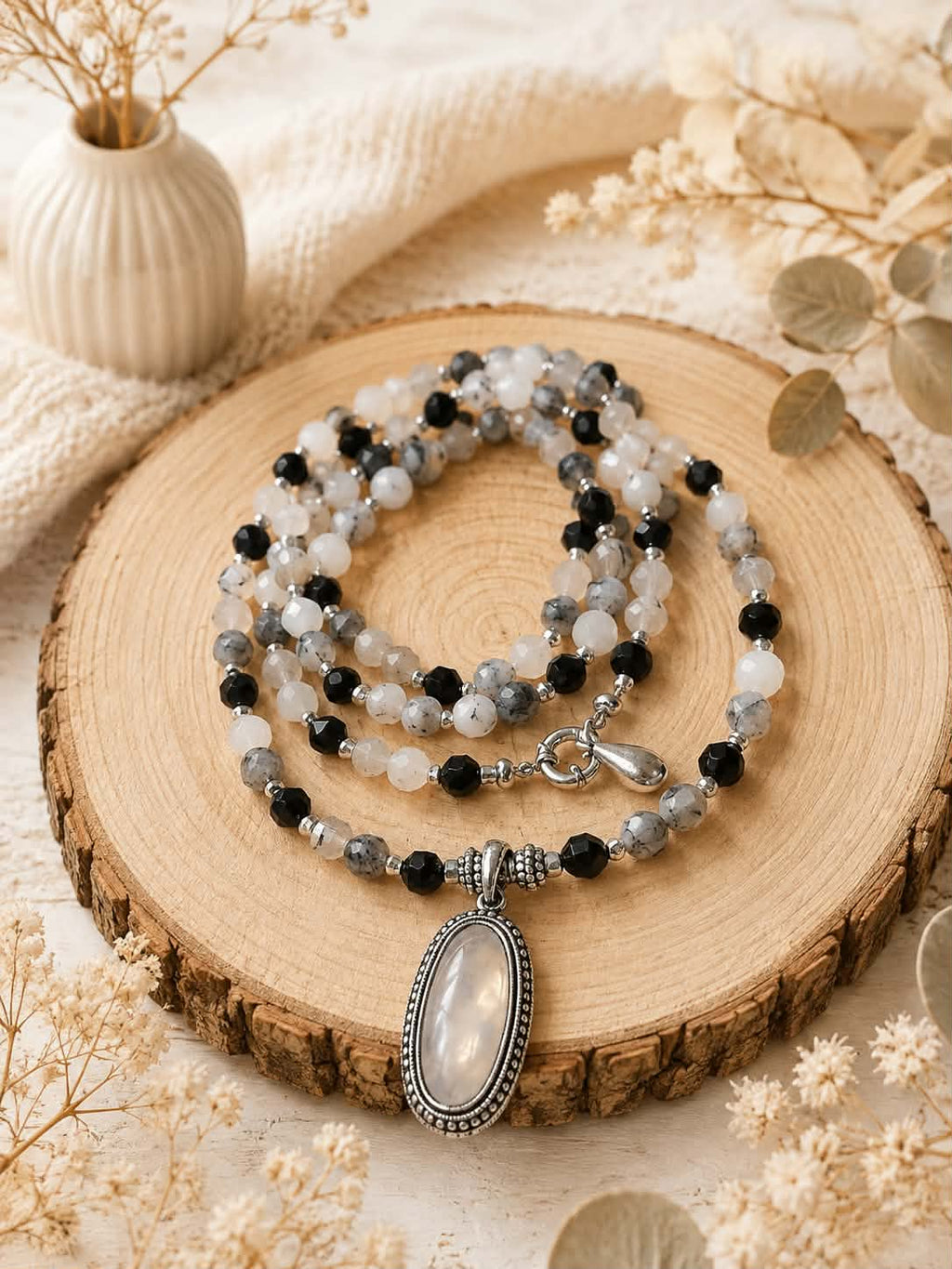 Collier Mâlâ "Egide Cristalline" – Quartz Tourmaline, Obsidienne noire et Cristal de Roche