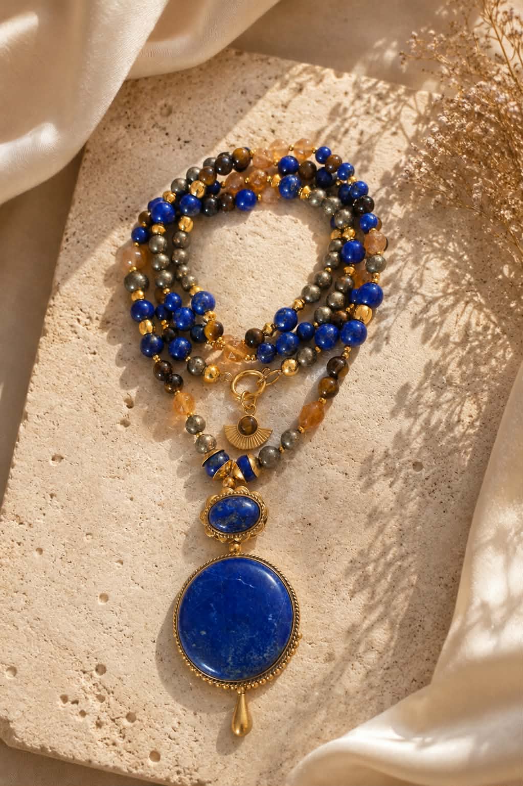 Collier Mâlâ 108 perles "Eveil & Destinée" en Pyrite, Citrine, Oeil de tigre & Lapis-Lazuli