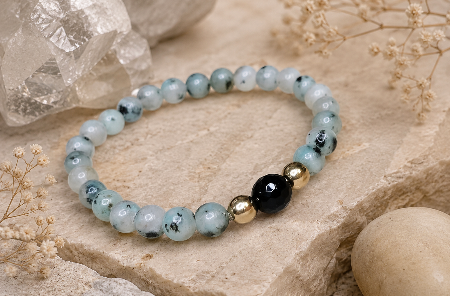 Bracelet Femme en Jaspe kiwi & Obsidienne Noire.