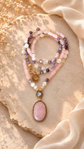 Collier Mâlâ 108 perles "Coeur de lumière" en Quartz rose, Tourmaline, Sélénite, Cristal de roche & Labradorite blanche