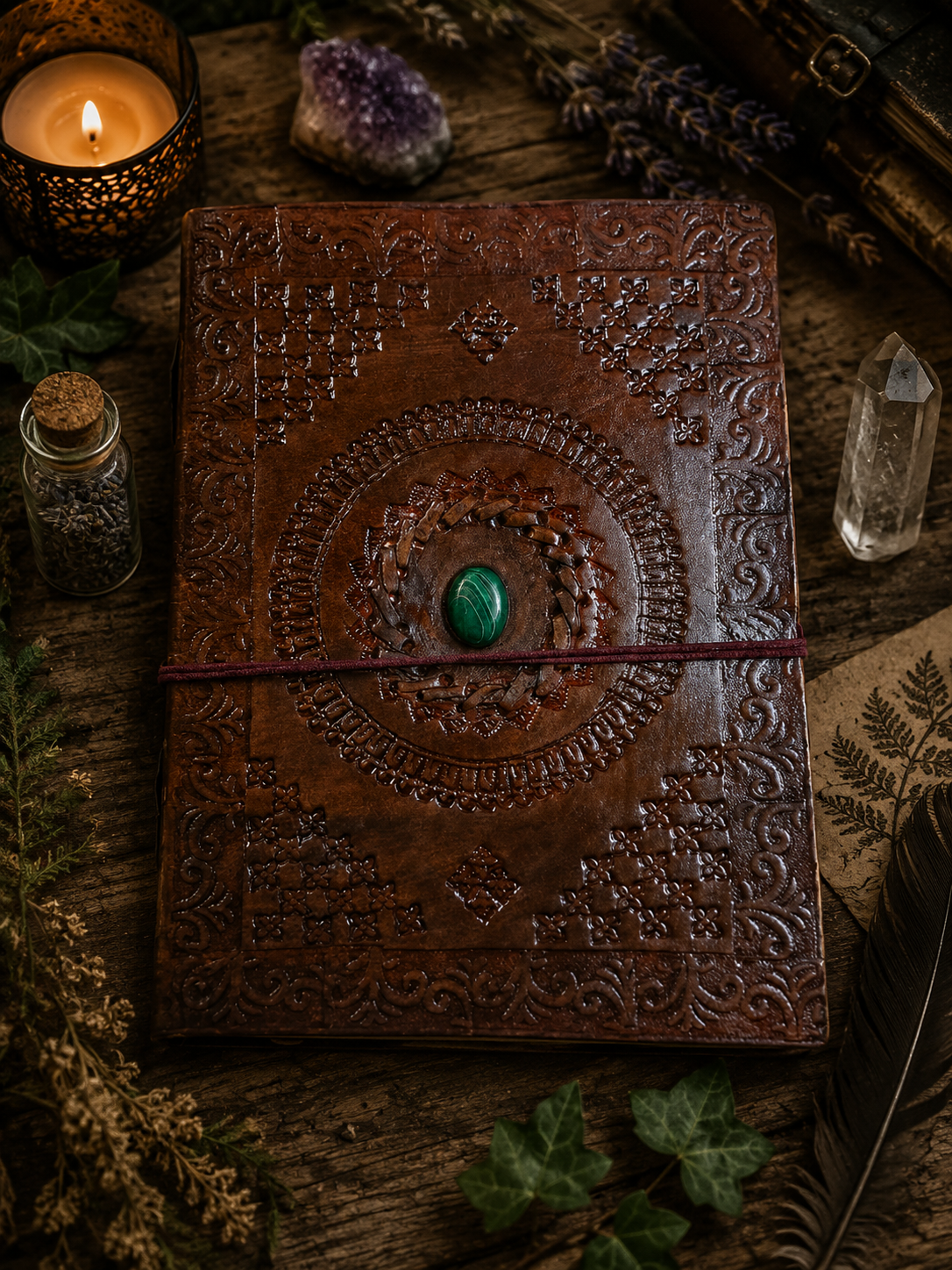 Grimoire vierge fait main en cuir & malachite