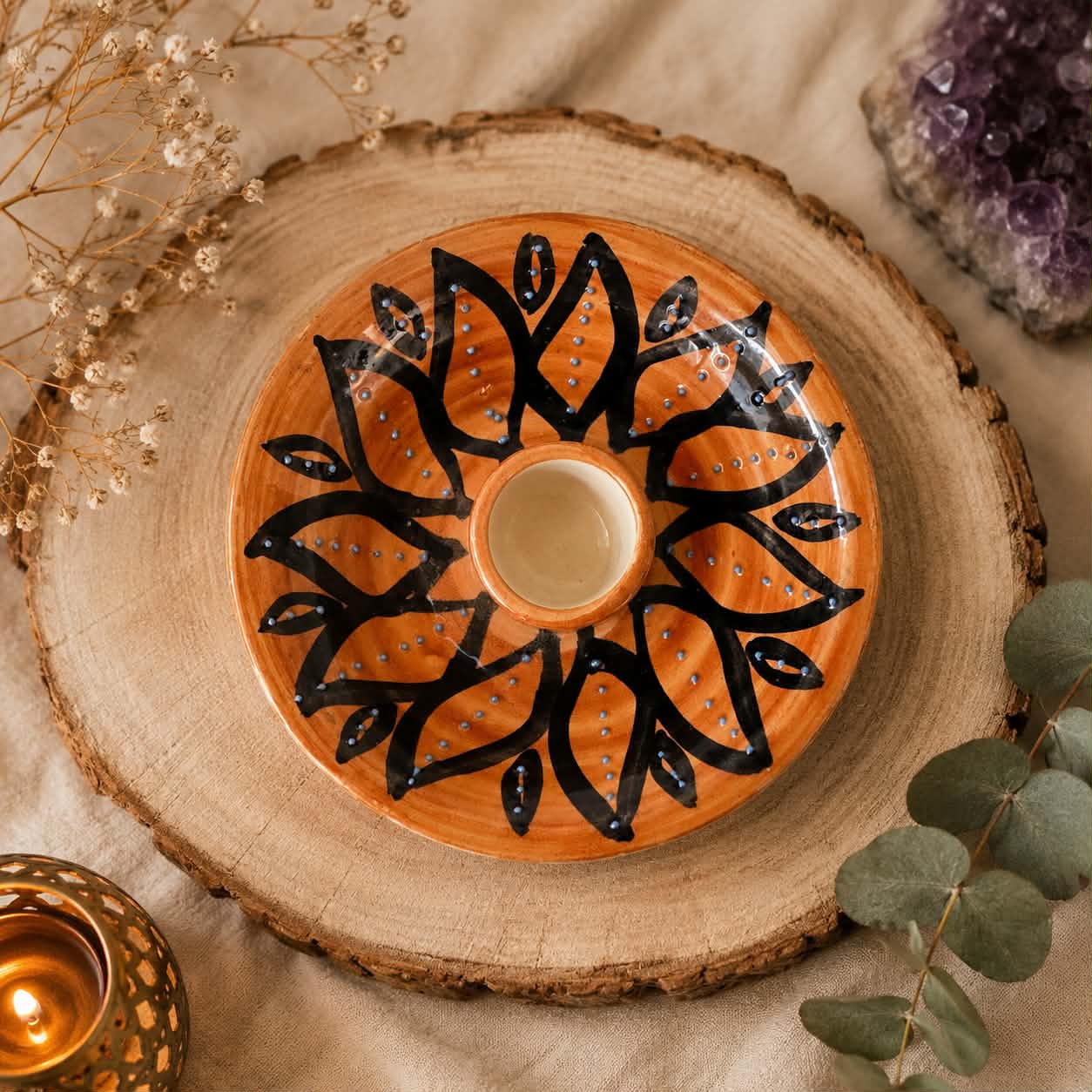 Porte encens en céramique peint à la main pour Palo Santo, cônes d'encens, ou bougie.