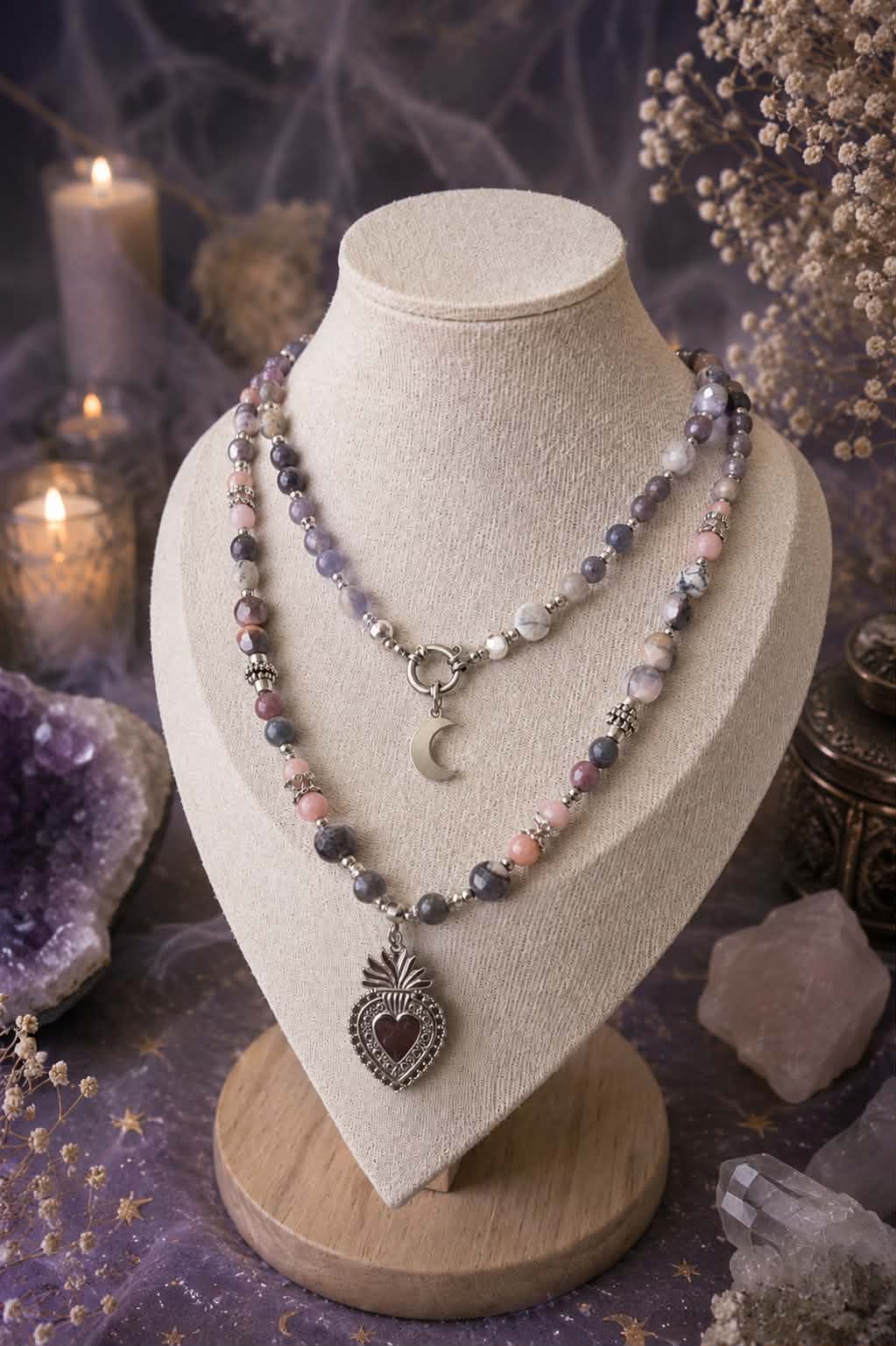 Collier Mâlâ 108 perles " Voix intérieure" en Iolite, Jaspe porcelaine, Opale rose & Tourmaline rose