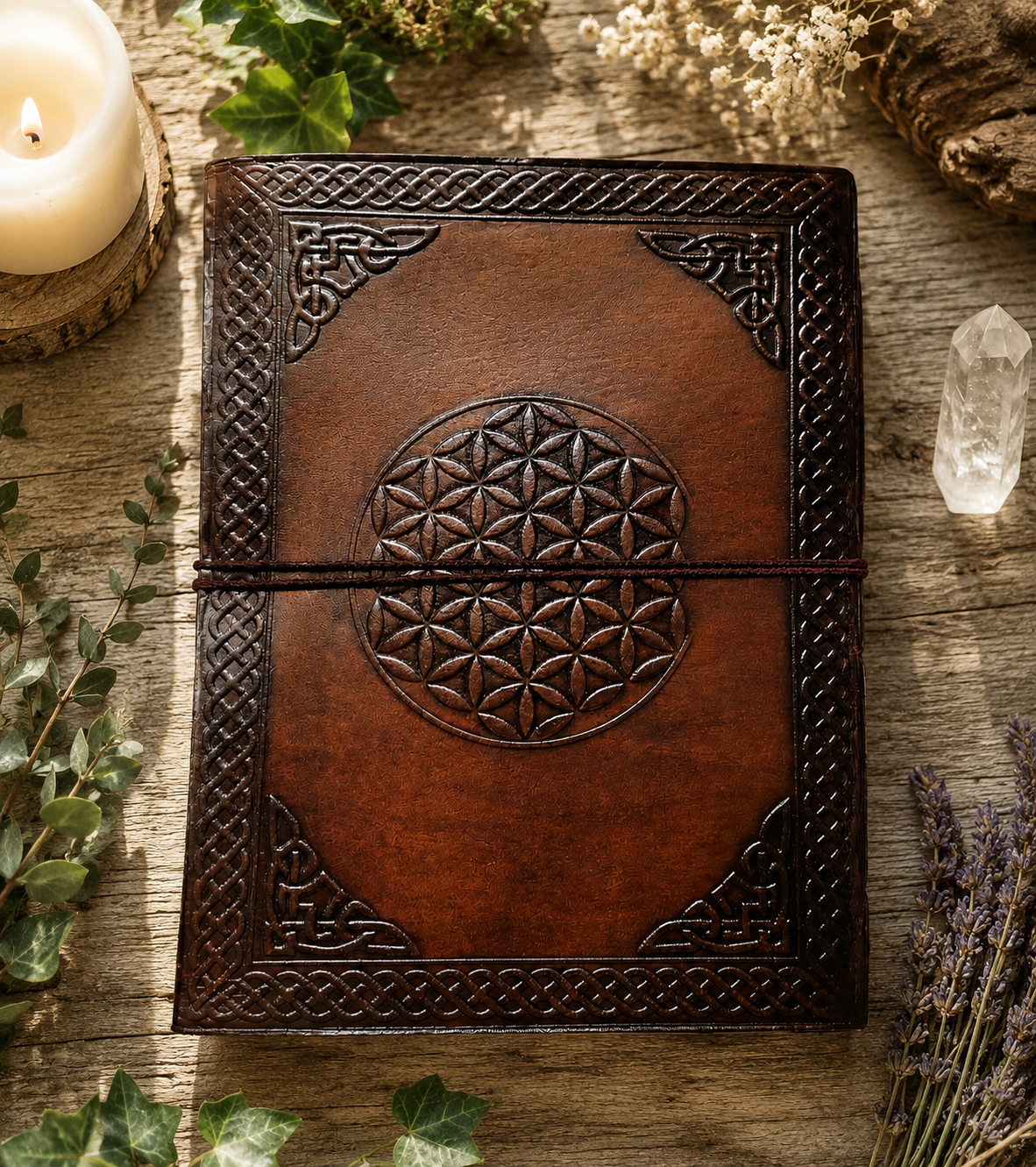 Grimoire vierge en cuir Fleur de Vie Sacrée