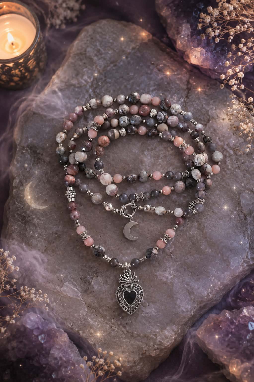 Collier Mâlâ 108 perles " Voix intérieure" en Iolite, Jaspe porcelaine, Opale rose & Tourmaline rose