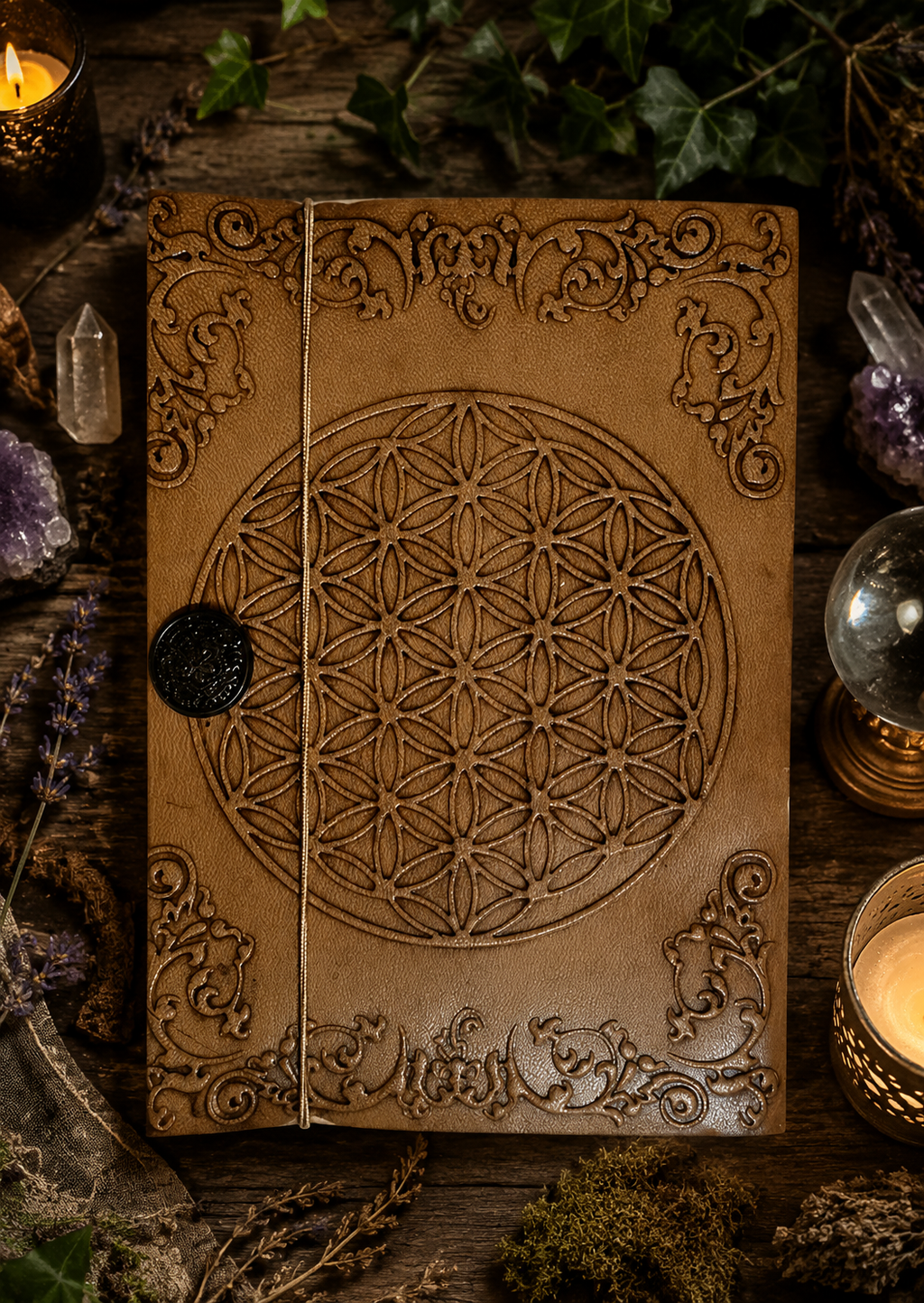 Grimoire en cuir végétal Fleur de Vie Sacrée