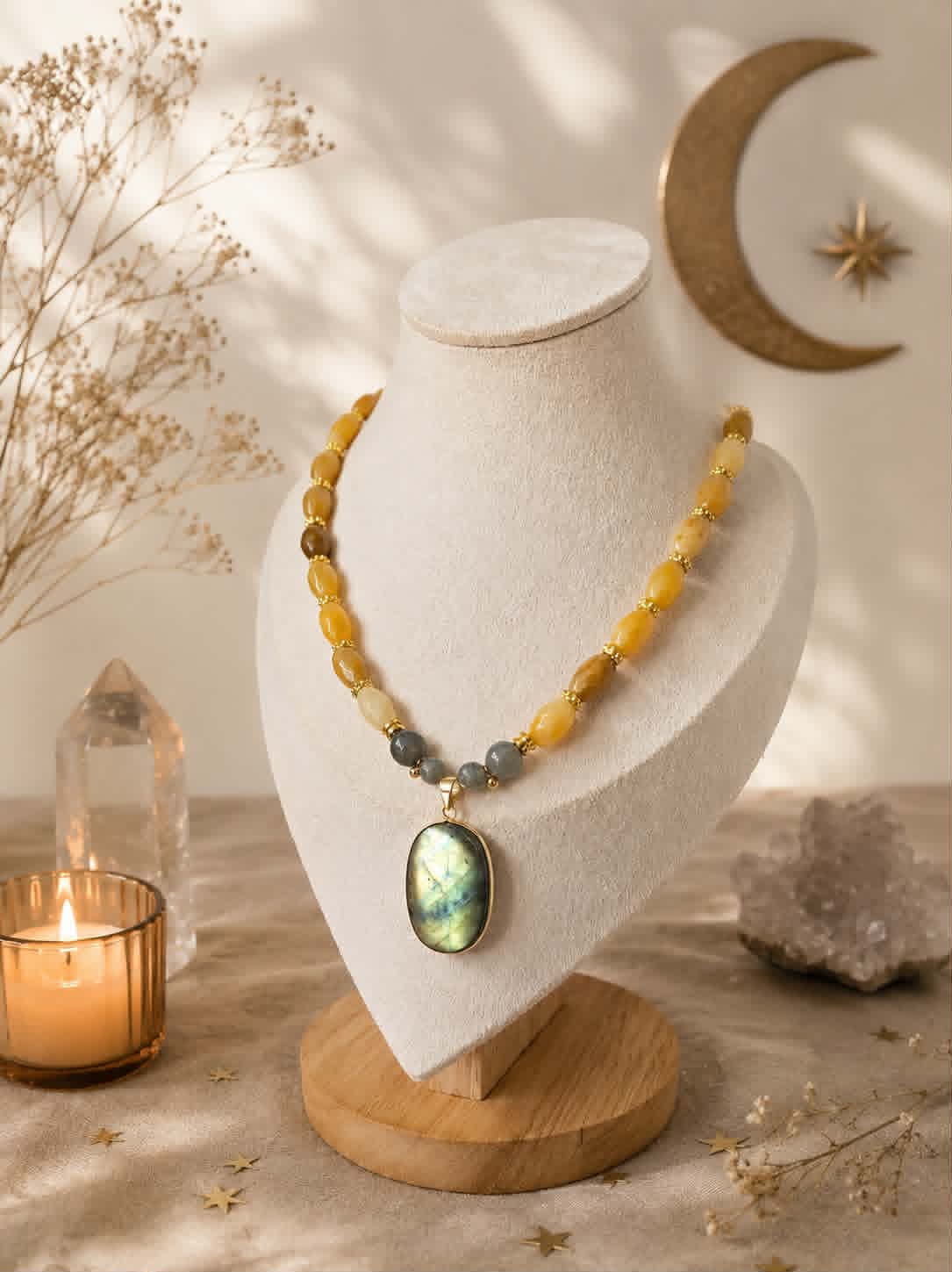 Collier Lumière de l'âme en Labradorite jaune & Jade