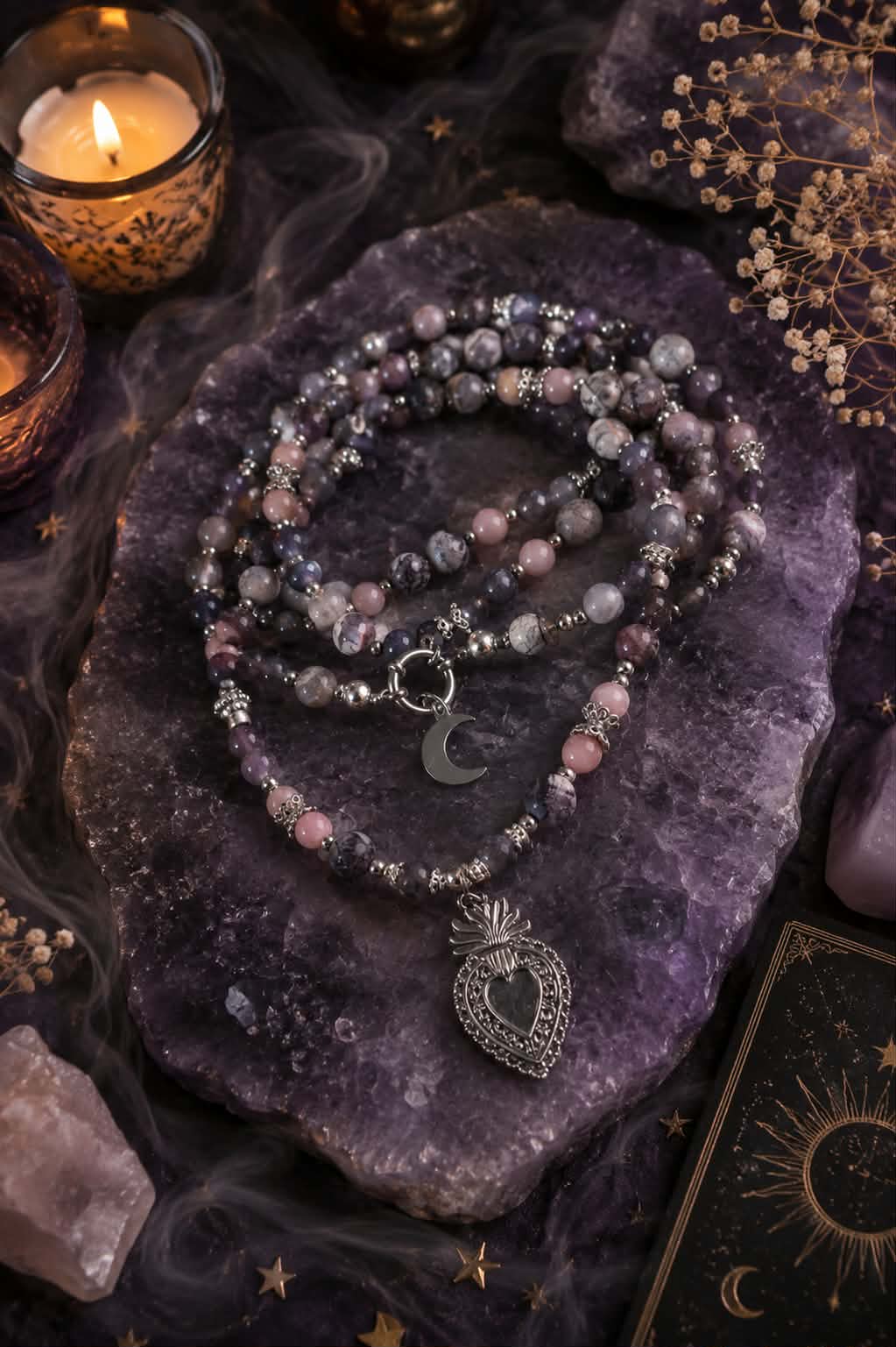 Collier Mâlâ 108 perles " Voix intérieure" en Iolite, Jaspe porcelaine, Opale rose & Tourmaline rose