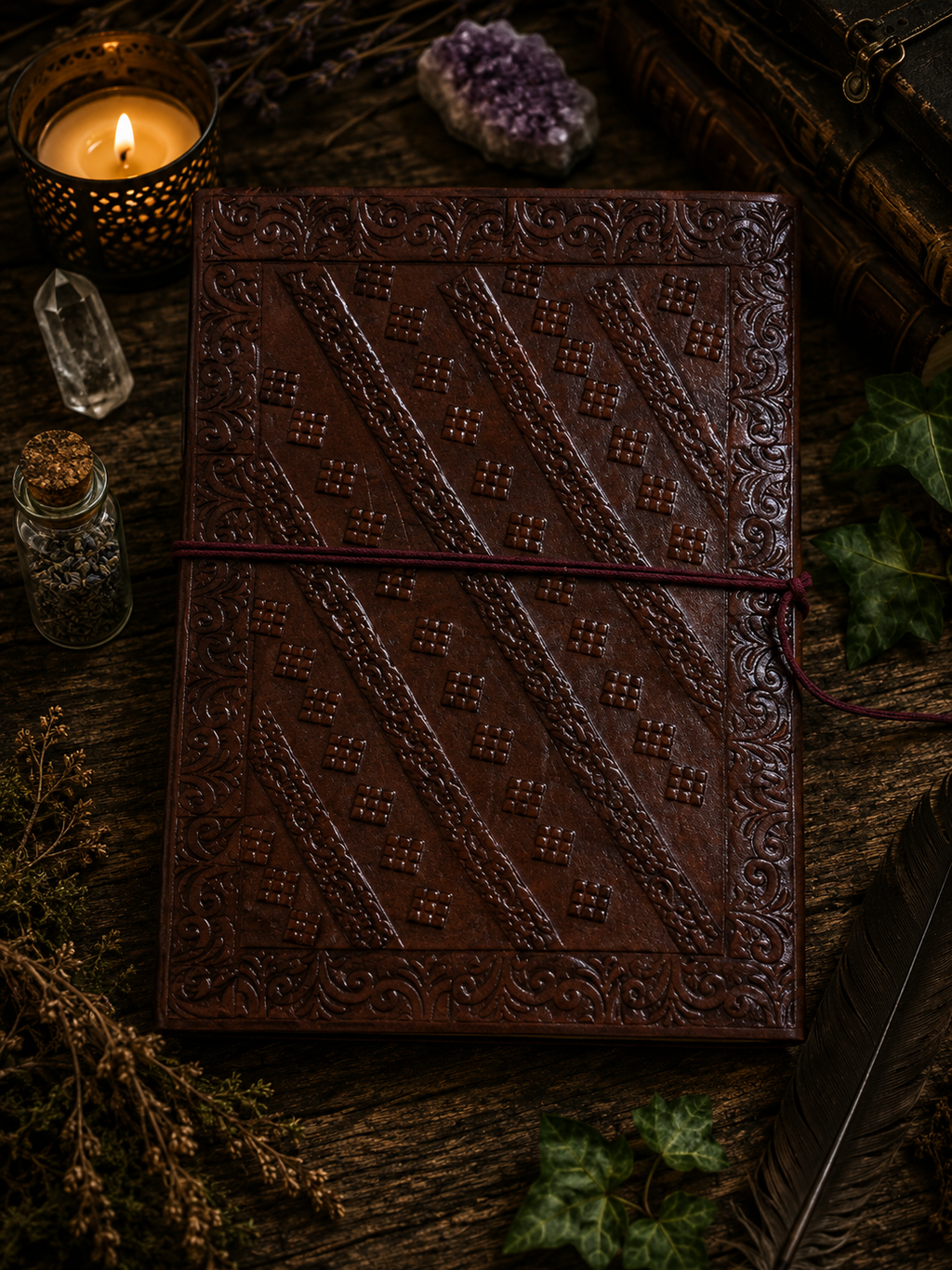 Grimoire vierge fait main en cuir & malachite