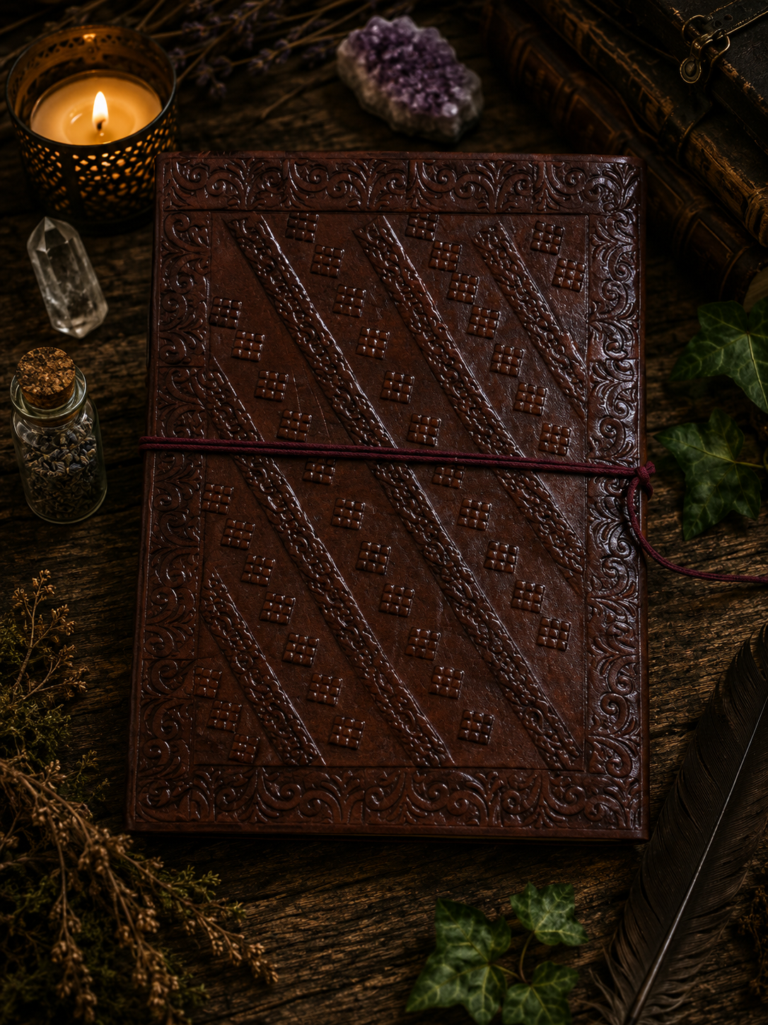 Grimoire vierge fait main en cuir & malachite