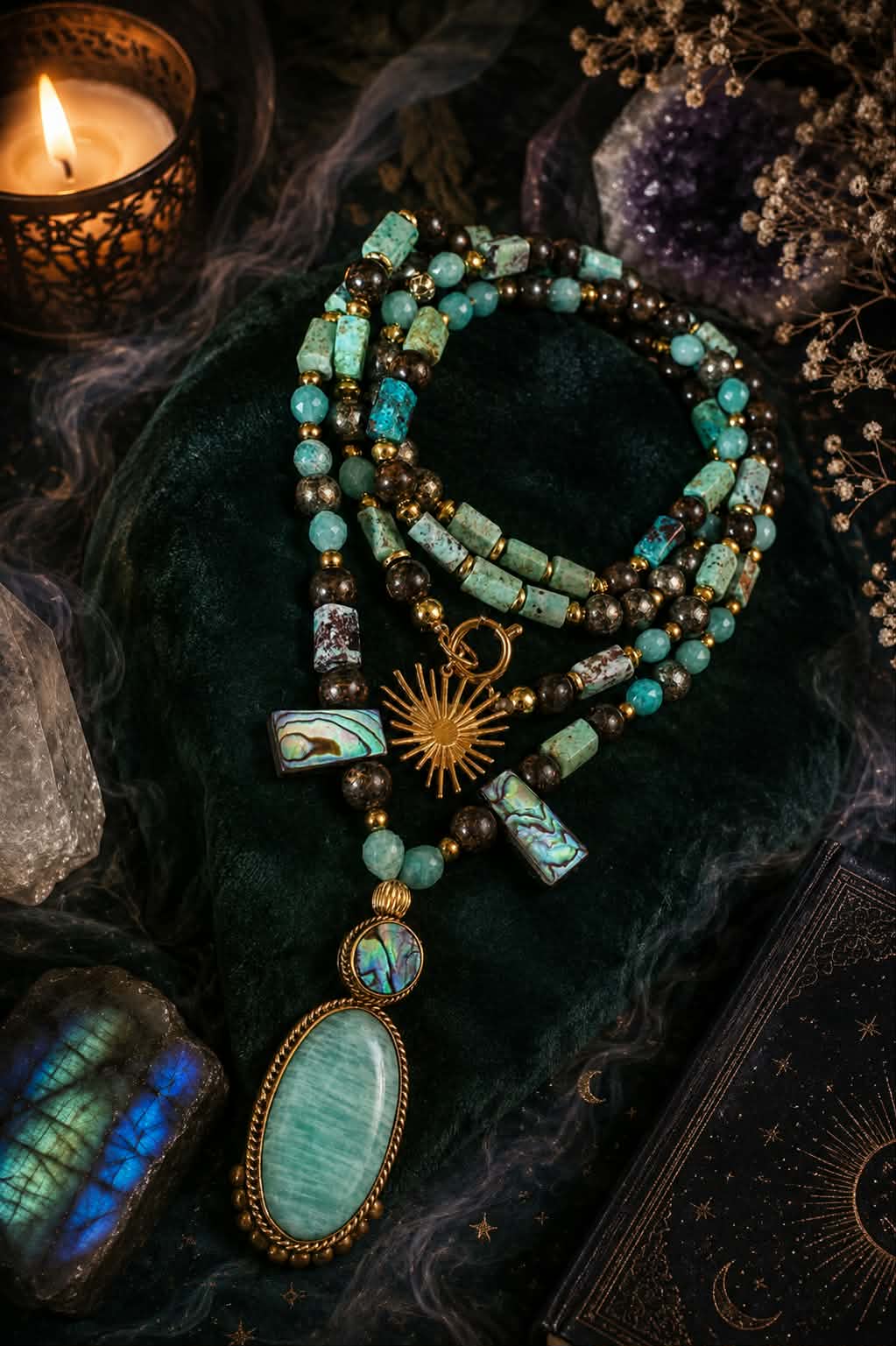 Collier Mâlâ 108perles "Manifestation divine" en Bronzite, Amazonite, Pyrite & Fynchenite